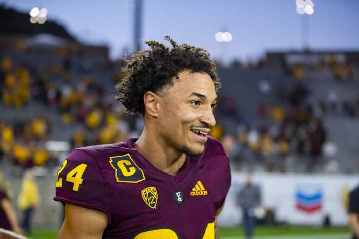 Nov 27, 2021; Tempe, Arizona, USA; Arizona State Sun Devils defensive back Chase Lucas (24) against the Arizona Wildcats at Sun Devil Stadium. Mandatory Credit: Mark J. Rebilas-USA TODAY Sports